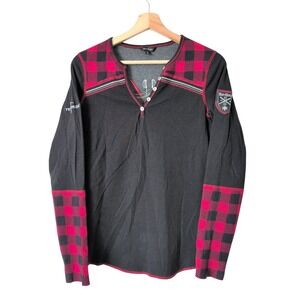 Alp N Rock Womens Black Red Buffalo Plaid Long Sleeve Henley Top Telluride Ski M